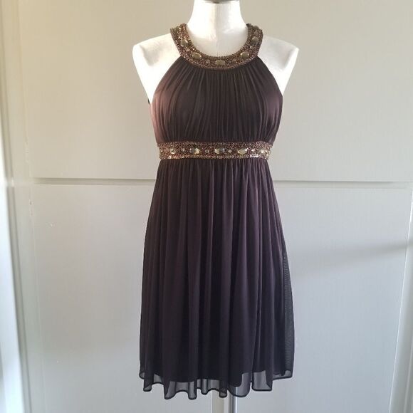 Cache Brown Knit Chiffon Cocktail Dress, sz.6 - Picture 1 of 5